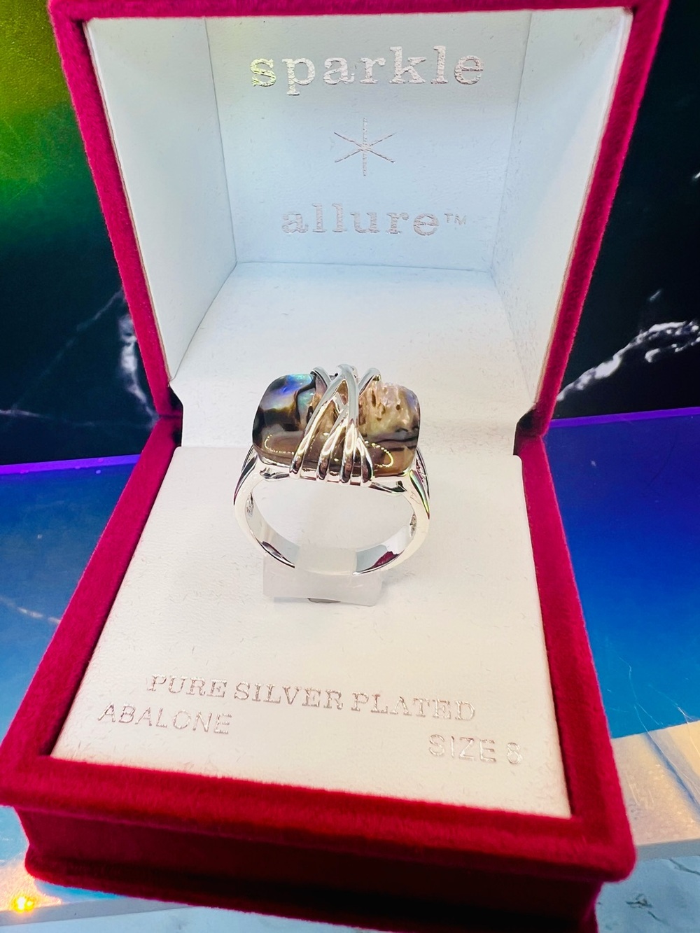Sparkle Allure Abalone Silver-Plated Cocktail in Gift Box Size 8 NIB